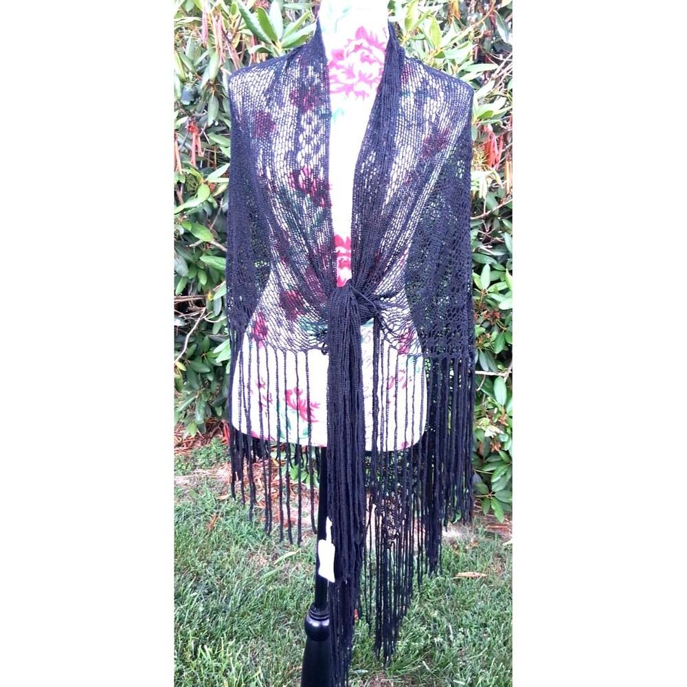 New Runway Echo Italy Made Shawl Wrap Sheer Black Luxury Old Money Open Knit